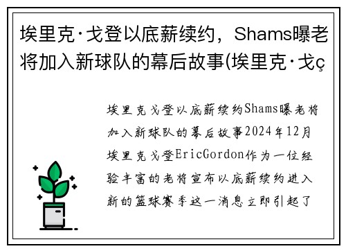 埃里克·戈登以底薪续约，Shams曝老将加入新球队的幕后故事(埃里克·戈登加盟篮网)