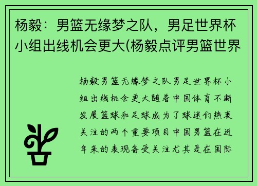 杨毅：男篮无缘梦之队，男足世界杯小组出线机会更大(杨毅点评男篮世界杯)