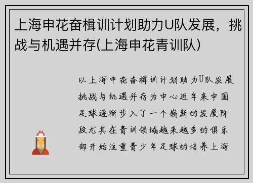 上海申花奋楫训计划助力U队发展，挑战与机遇并存(上海申花青训队)