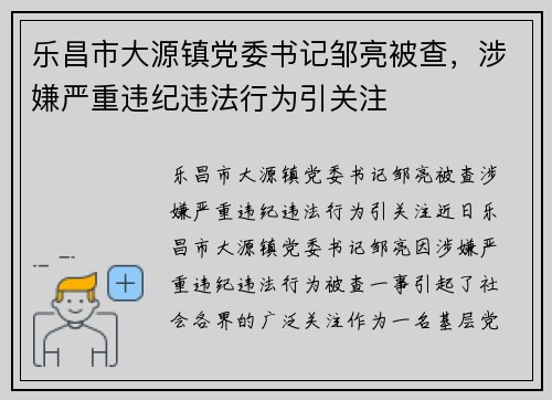 乐昌市大源镇党委书记邹亮被查，涉嫌严重违纪违法行为引关注