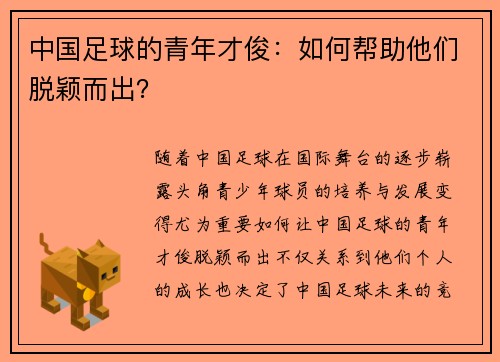 中国足球的青年才俊：如何帮助他们脱颖而出？