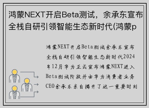 鸿蒙NEXT开启Beta测试,余承东宣布全栈自研引领智能生态新时代(鸿蒙patch03)