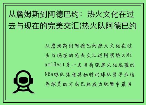 从詹姆斯到阿德巴约：热火文化在过去与现在的完美交汇(热火队阿德巴约)